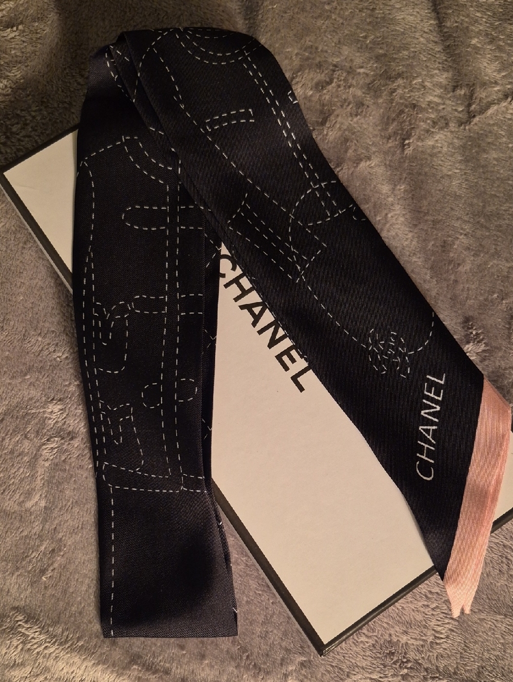CHANEL Black Silk Twilly with Pink Tip